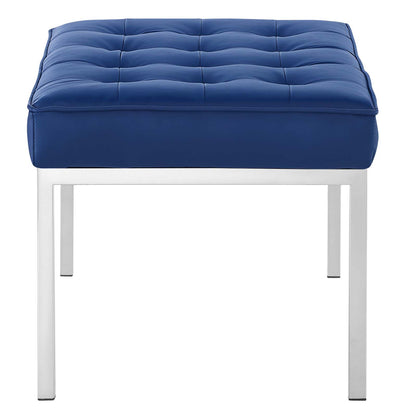 Loft Tufted Button Medium Upholstered Faux Leather Bench, Faux Vinyl Leather Metal Steel, Navy Blue Silver, 17348