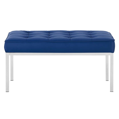 Loft Tufted Button Medium Upholstered Faux Leather Bench, Faux Vinyl Leather Metal Steel, Navy Blue Silver, 17348