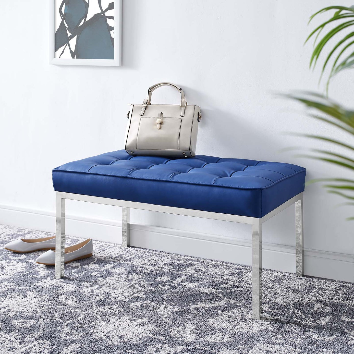 Loft Tufted Button Medium Upholstered Faux Leather Bench, Faux Vinyl Leather Metal Steel, Navy Blue Silver, 17348