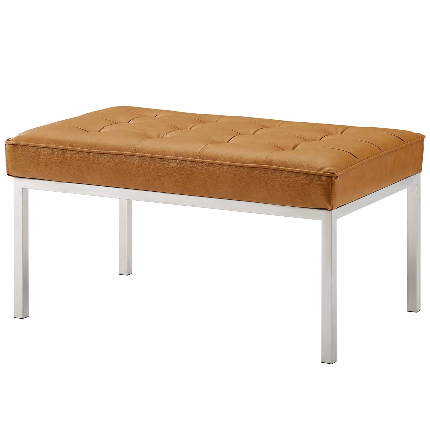 Loft Tufted Medium Upholstered Faux Leather Bench, Faux Vinyl Leather Metal Steel, Tan Brown, 17813
