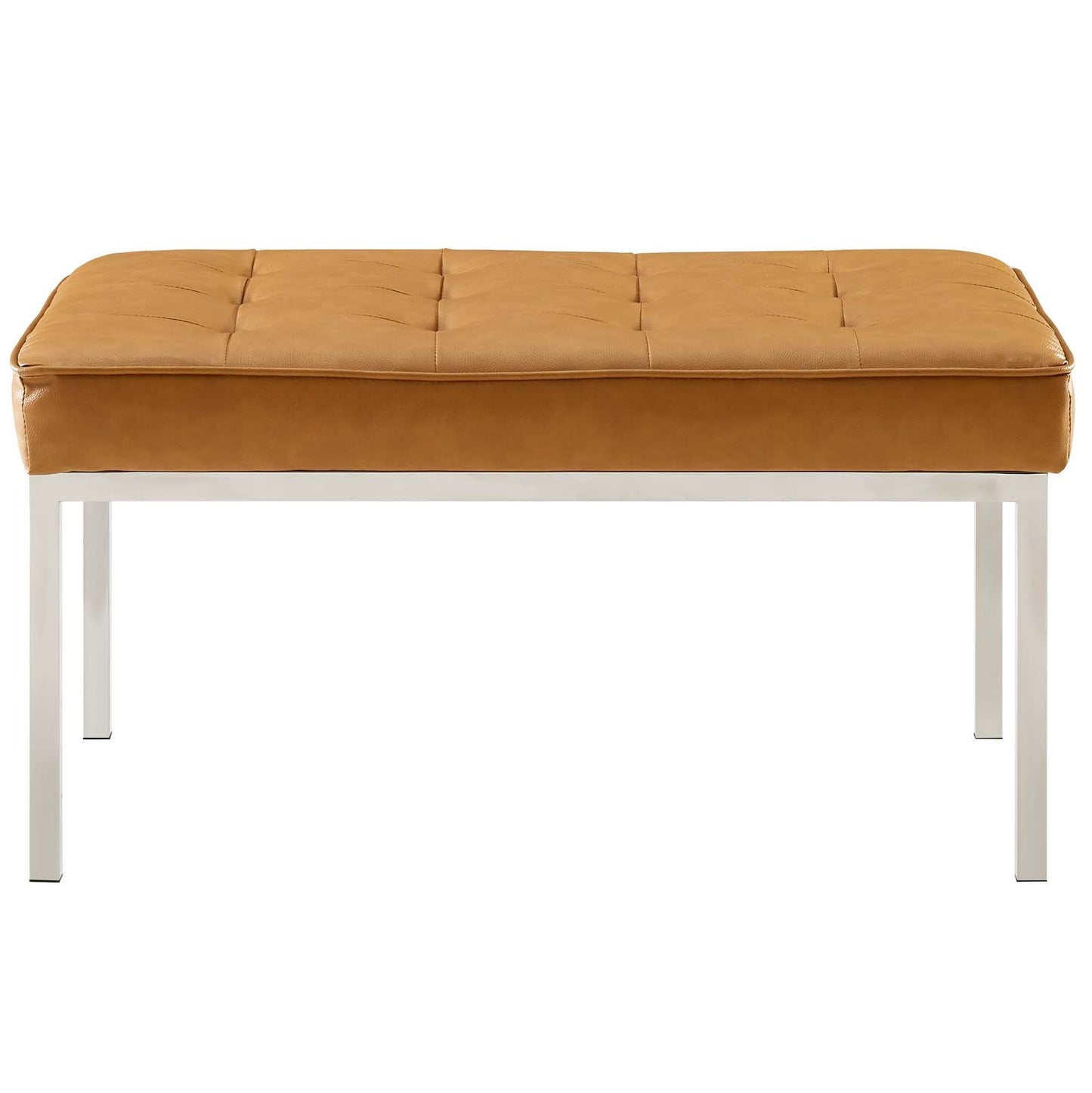 Loft Tufted Medium Upholstered Faux Leather Bench, Faux Vinyl Leather Metal Steel, Tan Brown, 17813