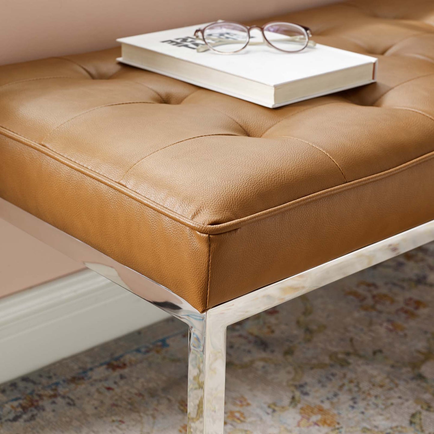 Loft Tufted Medium Upholstered Faux Leather Bench, Faux Vinyl Leather Metal Steel, Tan Brown, 17813