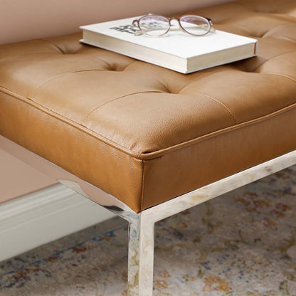 Loft Tufted Medium Upholstered Faux Leather Bench, Faux Vinyl Leather Metal Steel, Tan Brown, 17813