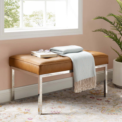 Loft Tufted Medium Upholstered Faux Leather Bench, Faux Vinyl Leather Metal Steel, Tan Brown, 17813