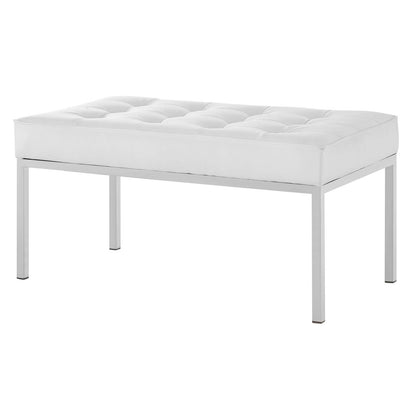 Loft Tufted Button Medium Upholstered Faux Leather Bench, Faux Vinyl Leather Metal Steel, White, 17349