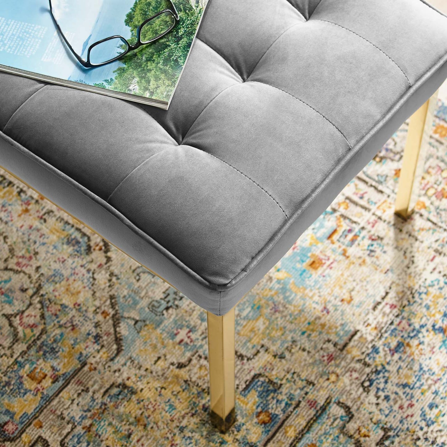 Loft Gold Stainless Steel Leg Medium Performance Velvet Bench, Velvet Fabric, Gold Grey Gray, 17350