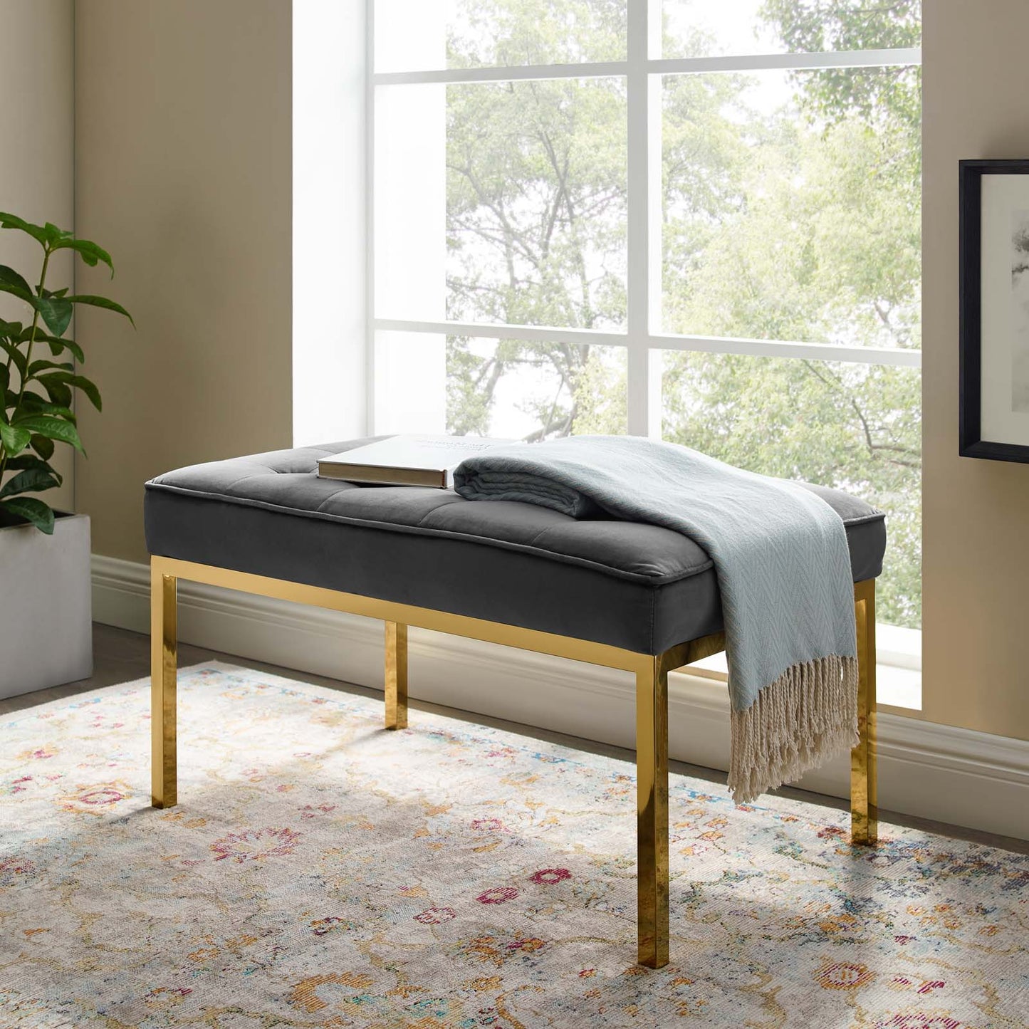 Loft Gold Stainless Steel Leg Medium Performance Velvet Bench, Velvet Fabric, Gold Grey Gray, 17350