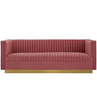 Sanguine Vertical Channel Tufted Performance Velvet Sofa, Velvet Fabric Metal Steel, Rose Red 15788