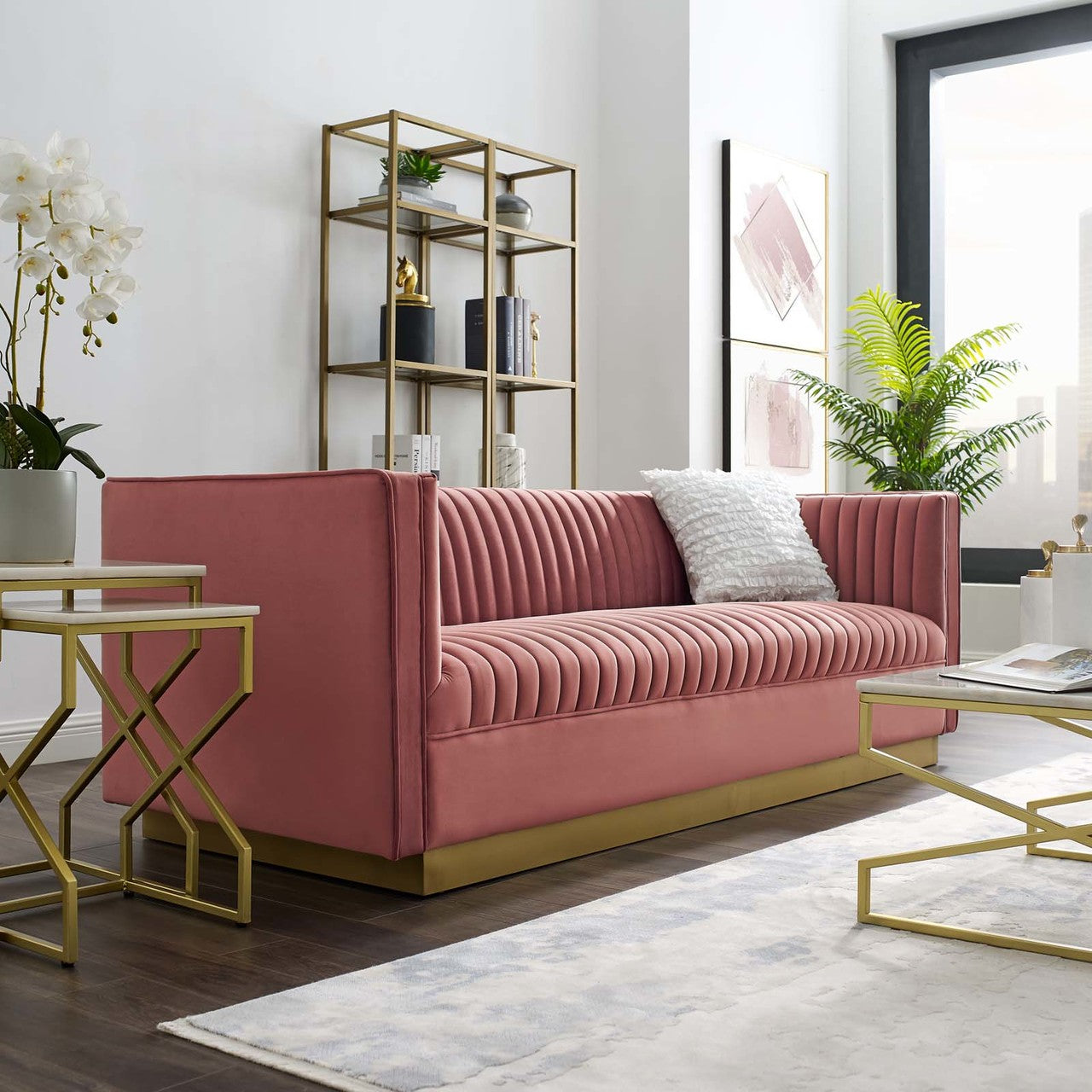 Sanguine Vertical Channel Tufted Performance Velvet Sofa, Velvet Fabric Metal Steel, Rose Red 15788
