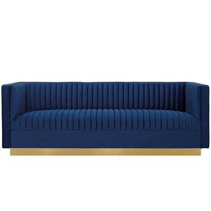 Sanguine Vertical Channel Tufted Performance Velvet Sofa, Velvet Fabric Metal Steel, Navy Blue 15790
