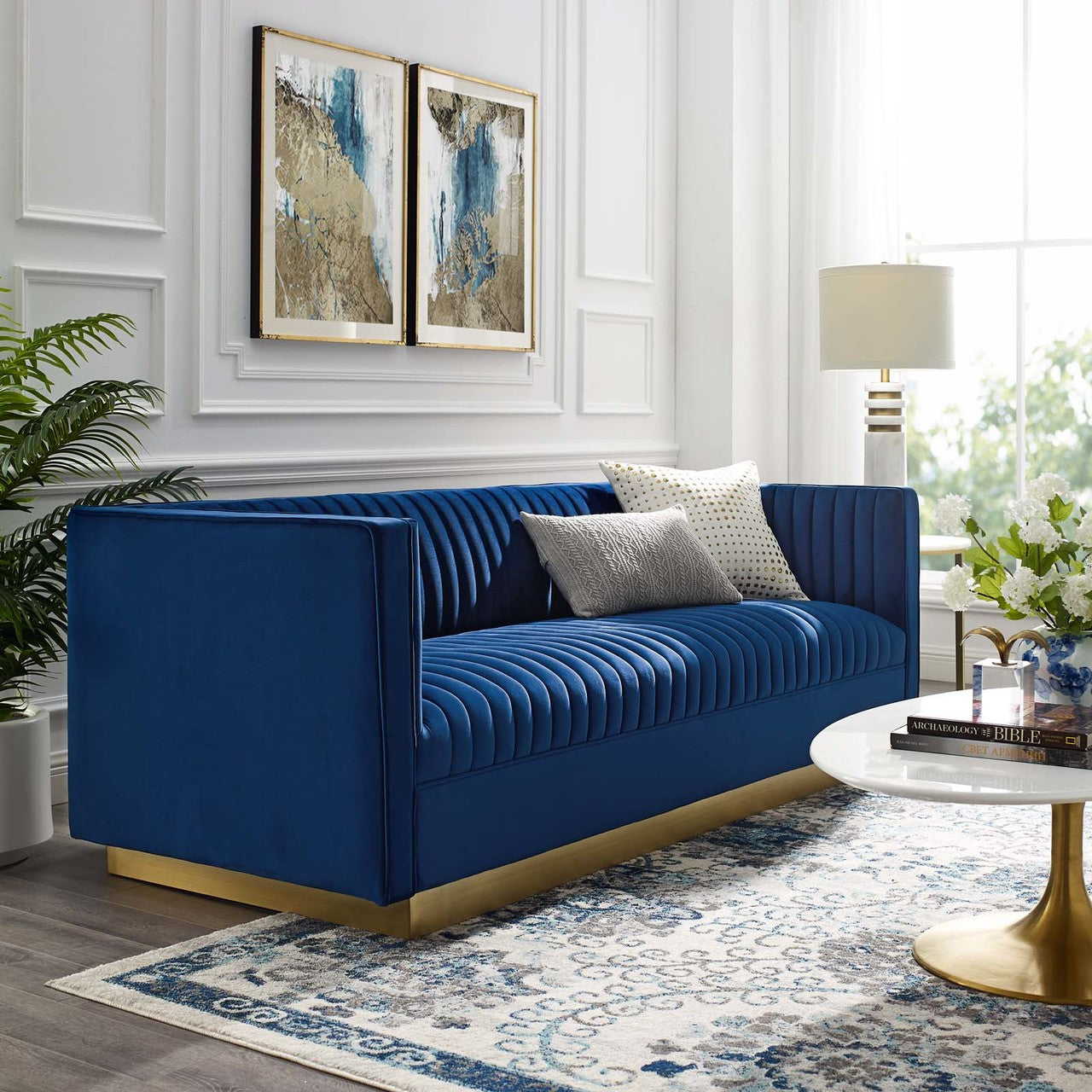 Sanguine Vertical Channel Tufted Performance Velvet Sofa, Velvet Fabric Metal Steel, Navy Blue 15790