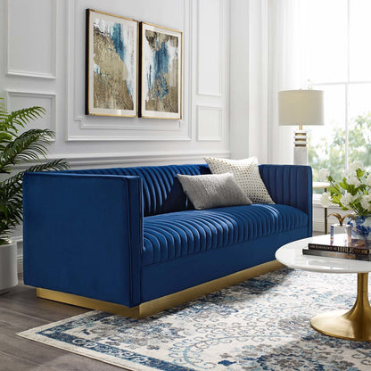 Sanguine Vertical Channel Tufted Performance Velvet Sofa, Velvet Fabric Metal Steel, Navy Blue 15790
