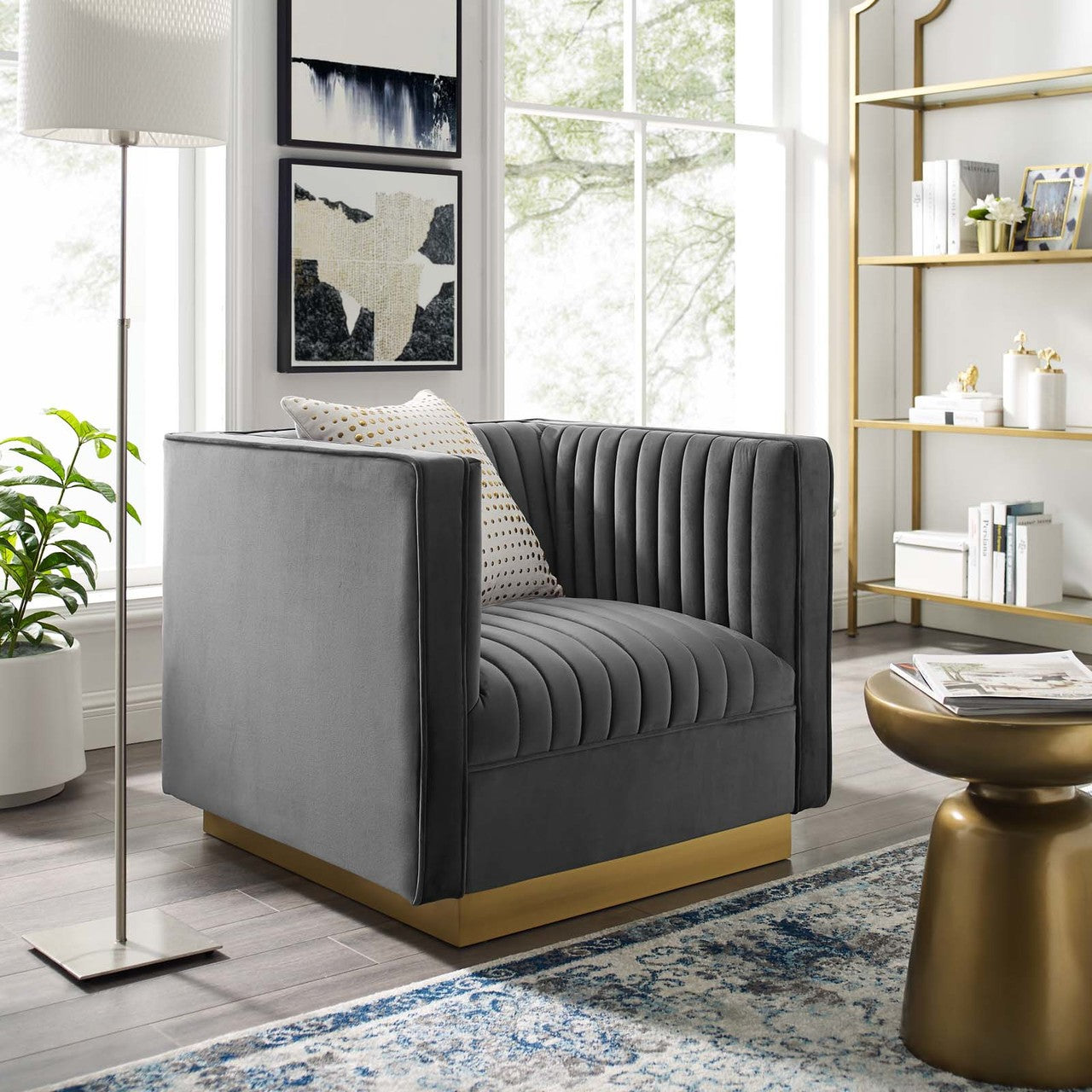 Sanguine Vertical Channel Tufted Accent Performance Velvet Armchair, Velvet Fabric Metal Steel, Grey Gray 15791