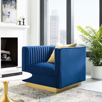 Sanguine Vertical Channel Tufted Accent Performance Velvet Armchair, Velvet Fabric Metal Steel, Navy Blue 15792
