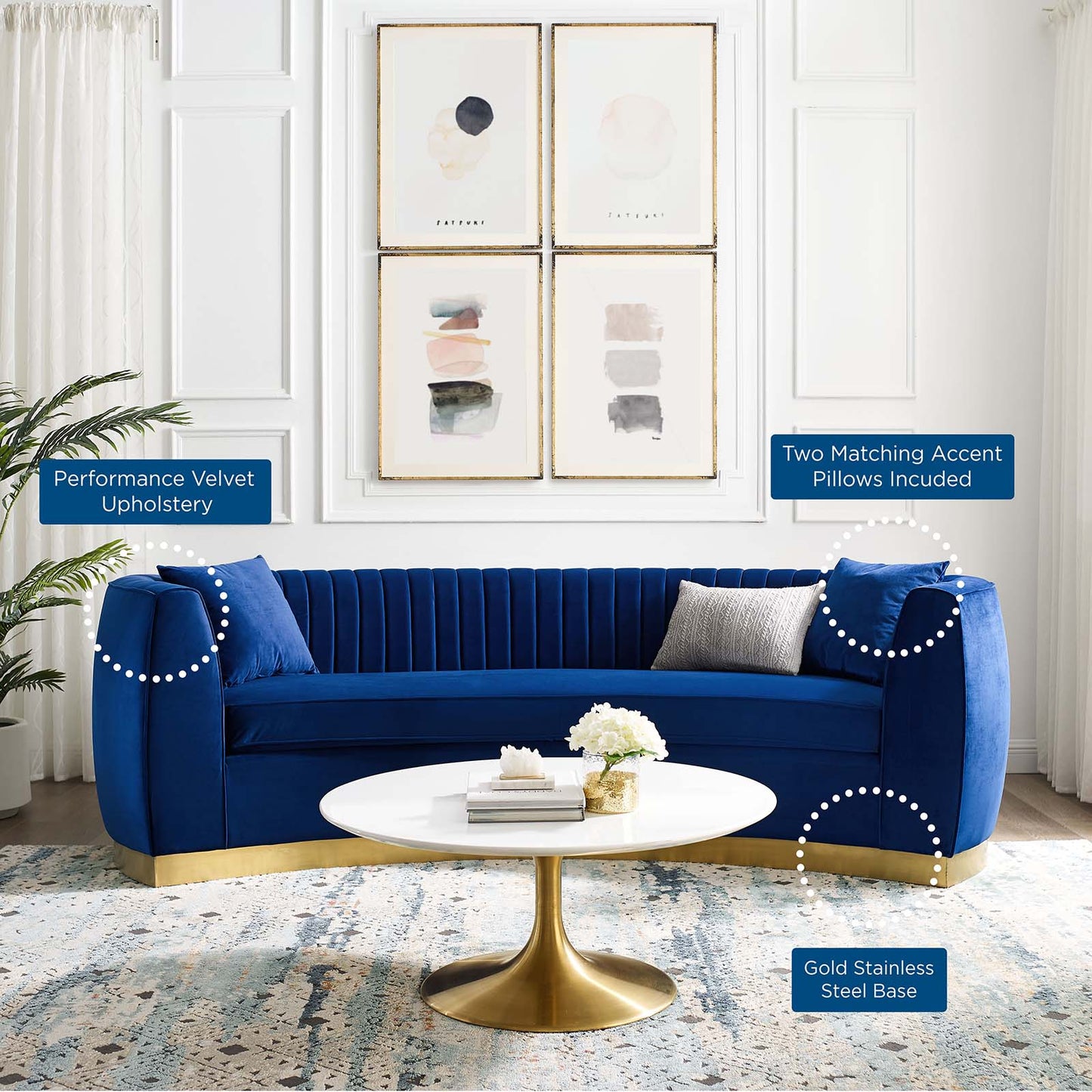Enthusiastic Vertical Channel Tufted Curved Performance Velvet Sofa, Velvet, Blue Navy, 18189
