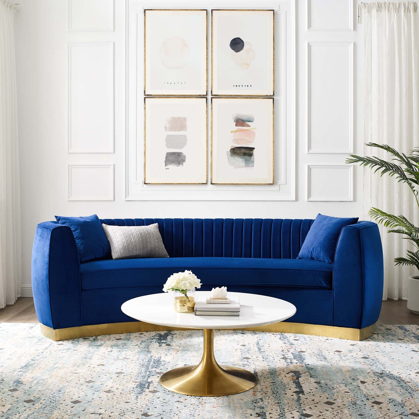 Enthusiastic Vertical Channel Tufted Curved Performance Velvet Sofa, Velvet, Blue Navy, 18189