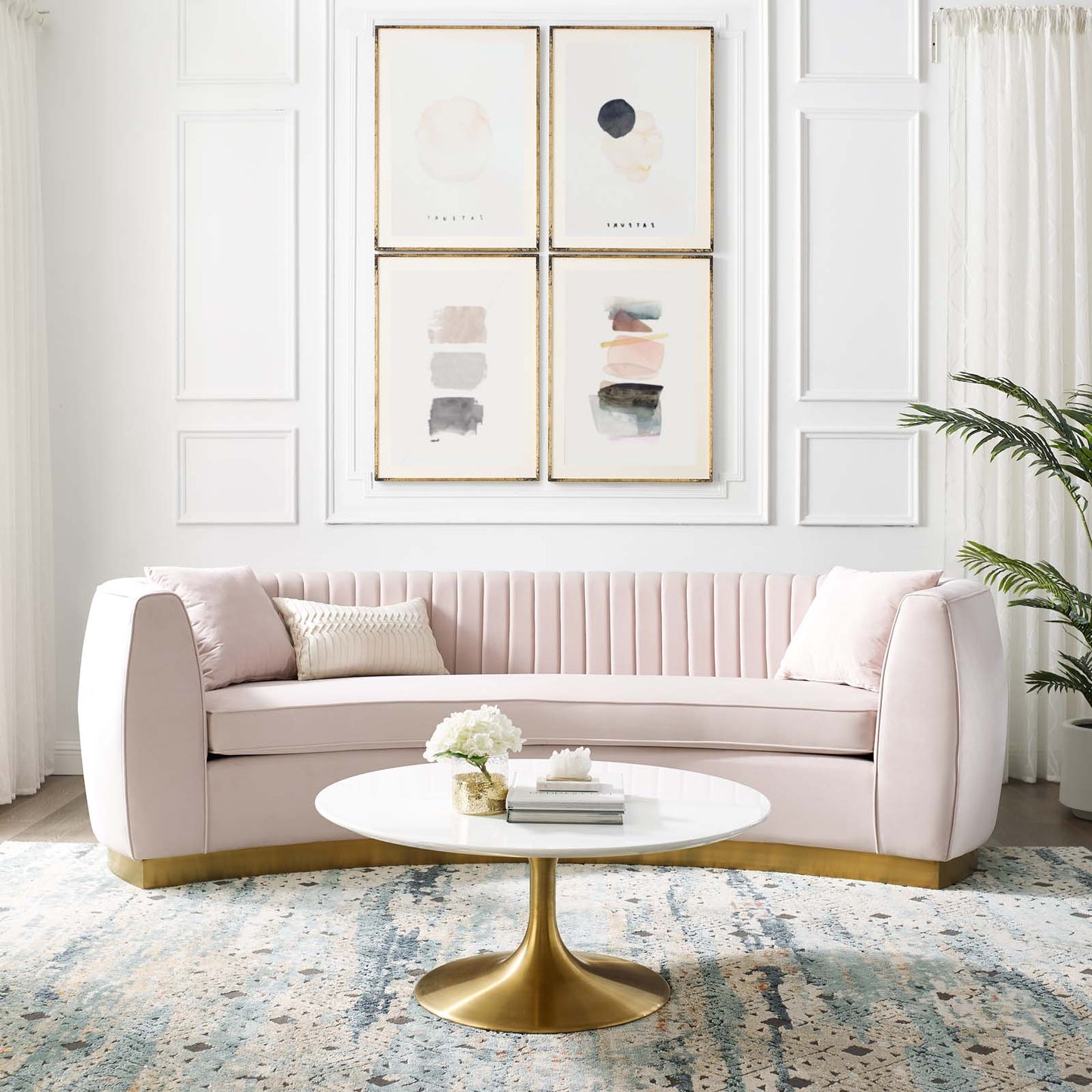 Enthusiastic Vertical Channel Tufted Curved Performance Velvet Sofa, Velvet, Pink, 18190