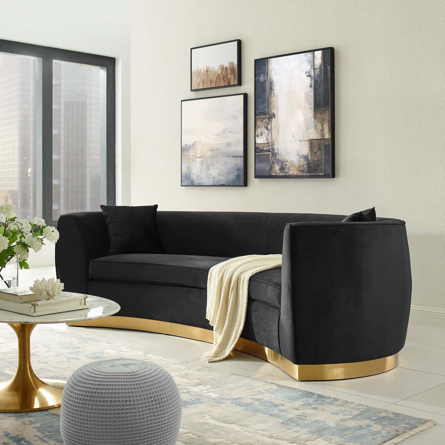 Resolute Curved Performance Velvet Sofa, Velvet Fabric Metal Steel, Black, 17357