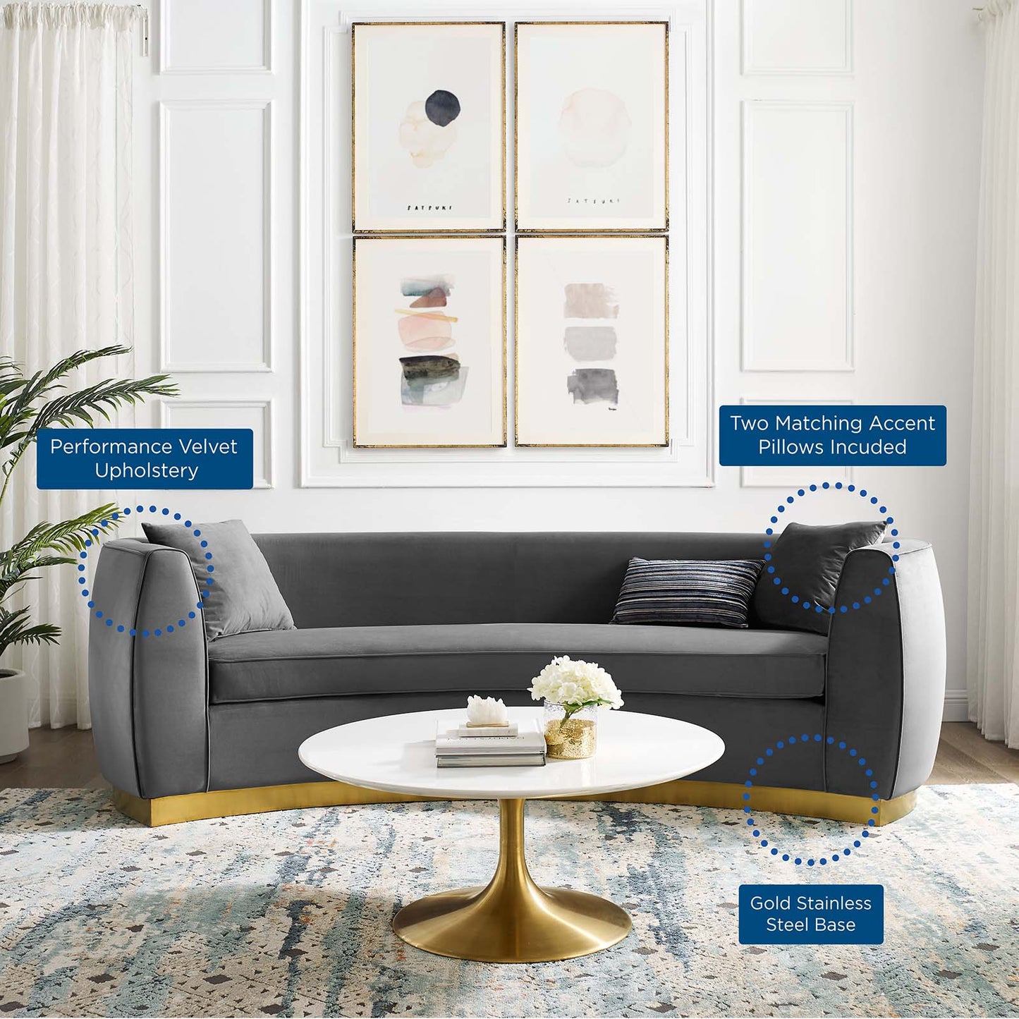 Resolute Curved Performance Velvet Sofa, Velvet, Grey Gray, 18191