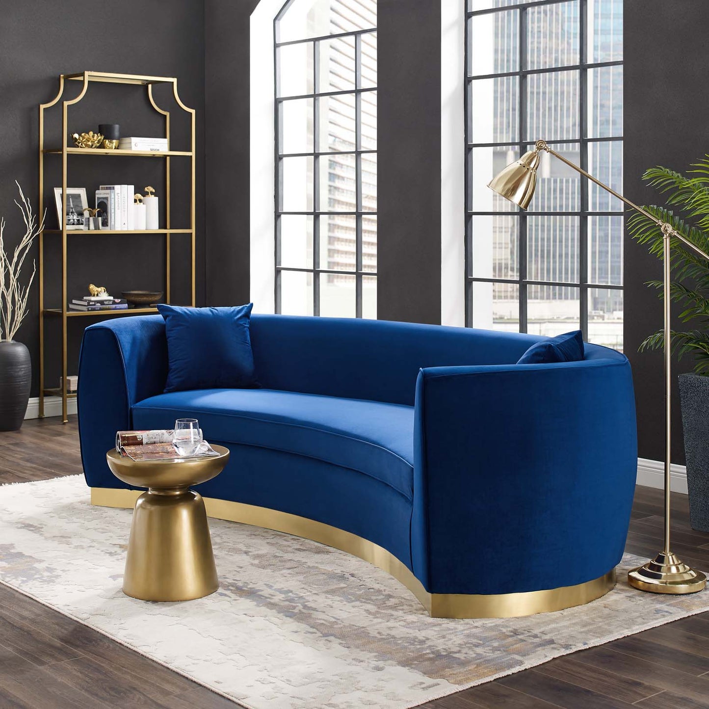 Resolute Curved Performance Velvet Sofa, Velvet Fabric Metal Steel, Navy Blue, 17358