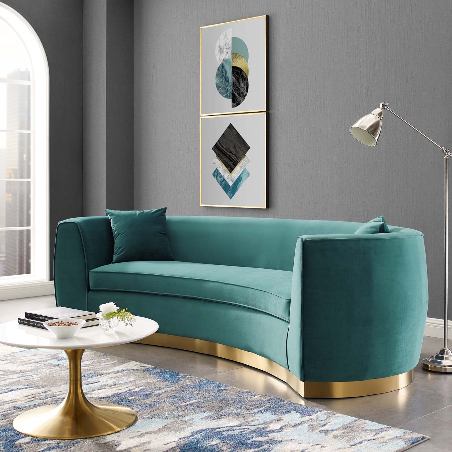 Resolute Curved Performance Velvet Sofa, Velvet Fabric Metal Steel, Aqua Blue, 17359