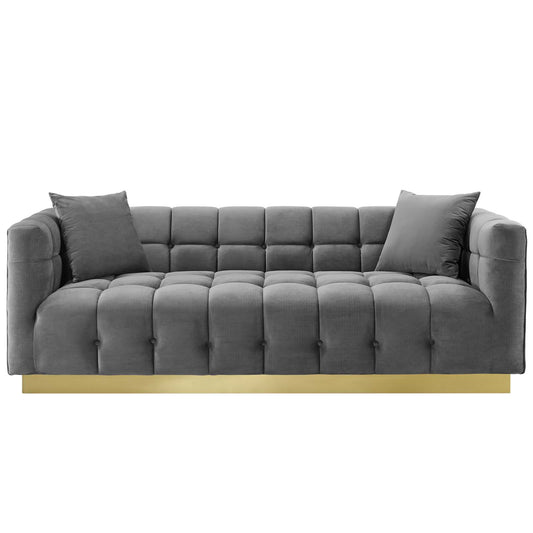 Vivacious Biscuit Tufted Performance Velvet Sofa, Velvet Fabric Metal Steel, Grey Gray, 17360