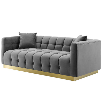 Vivacious Biscuit Tufted Performance Velvet Sofa, Velvet Fabric Metal Steel, Grey Gray, 17360