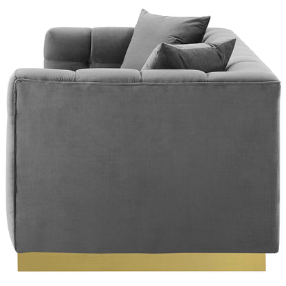 Vivacious Biscuit Tufted Performance Velvet Sofa, Velvet Fabric Metal Steel, Grey Gray, 17360