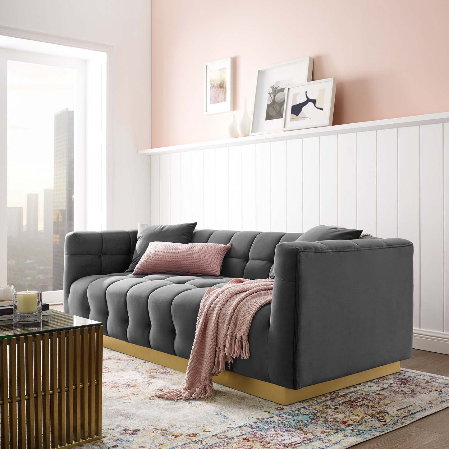Vivacious Biscuit Tufted Performance Velvet Sofa, Velvet Fabric Metal Steel, Grey Gray, 17360
