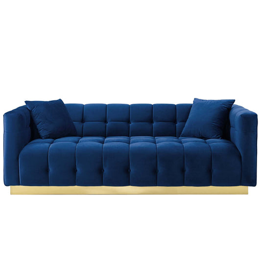 Vivacious Biscuit Tufted Performance Velvet Sofa, Velvet Fabric Metal Steel, Navy Blue, 17361