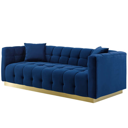 Vivacious Biscuit Tufted Performance Velvet Sofa, Velvet Fabric Metal Steel, Navy Blue, 17361