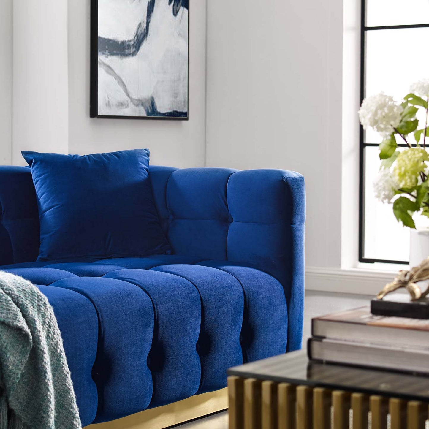 Vivacious Biscuit Tufted Performance Velvet Sofa, Velvet Fabric Metal Steel, Navy Blue, 17361