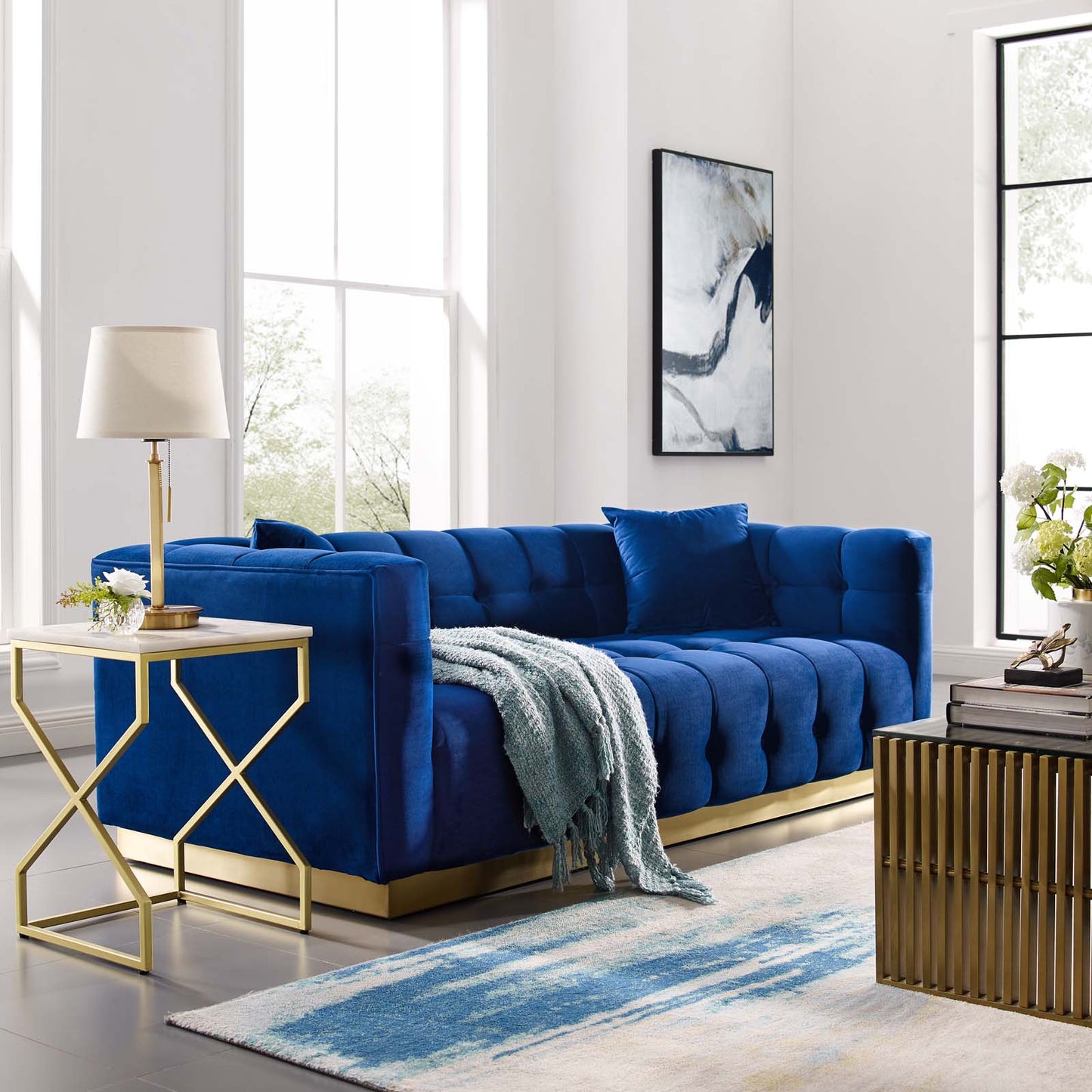 Vivacious Biscuit Tufted Performance Velvet Sofa, Velvet Fabric Metal Steel, Navy Blue, 17361