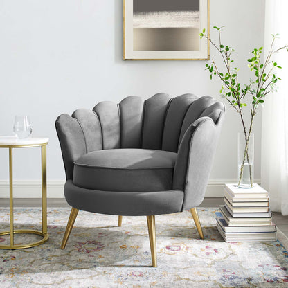 Admire Scalloped Edge Performance Velvet Accent Armchair, Velvet Fabric Metal Steel, Grey Gray, 17362