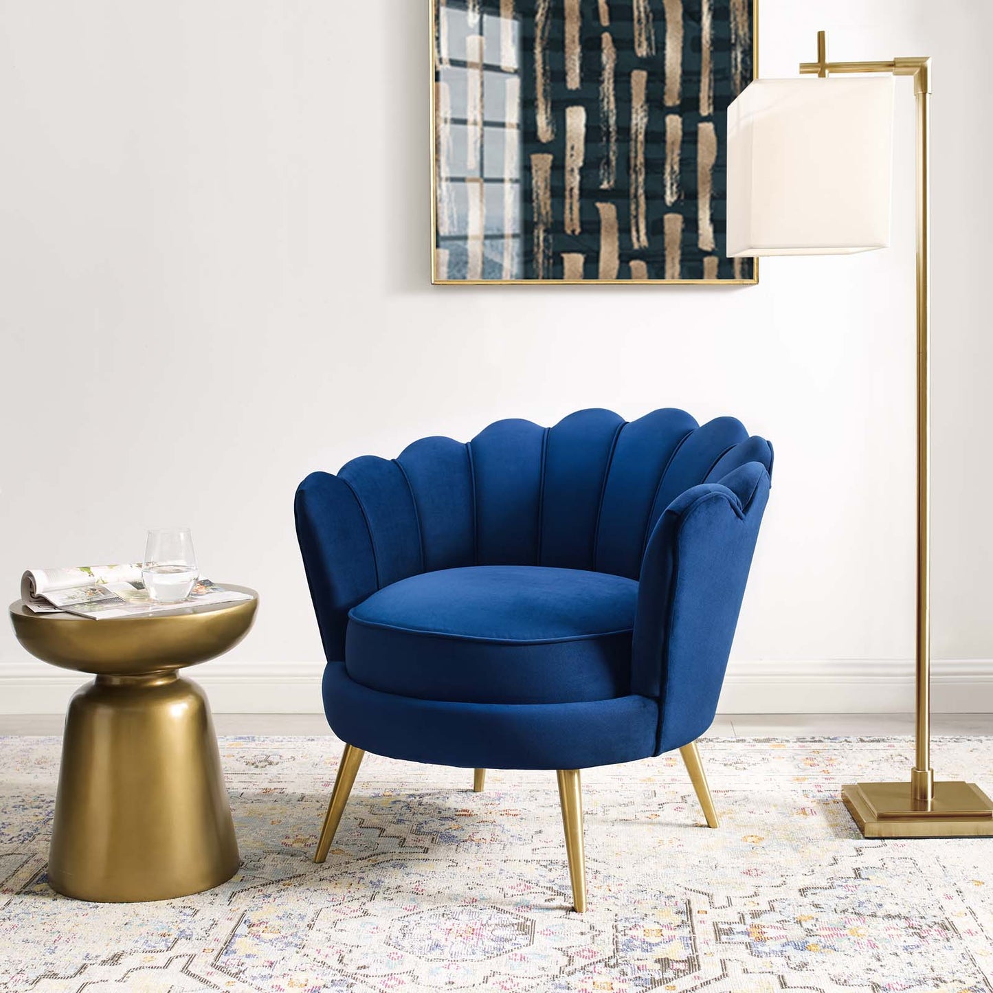 Admire Scalloped Edge Performance Velvet Accent Armchair, Velvet Fabric Metal Steel, Navy Blue, 17363