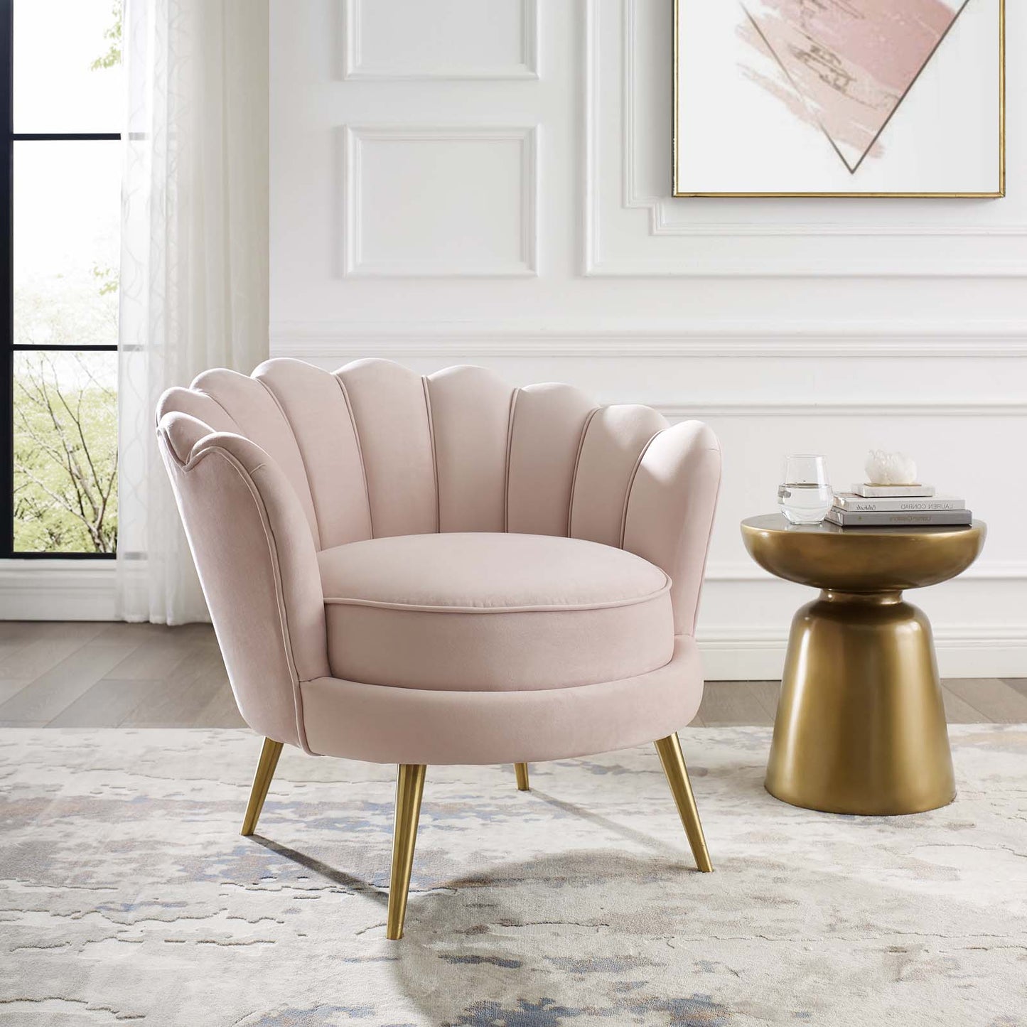 Admire Scalloped Edge Performance Velvet Accent Armchair, Velvet Fabric Metal Steel, Pink, 17364