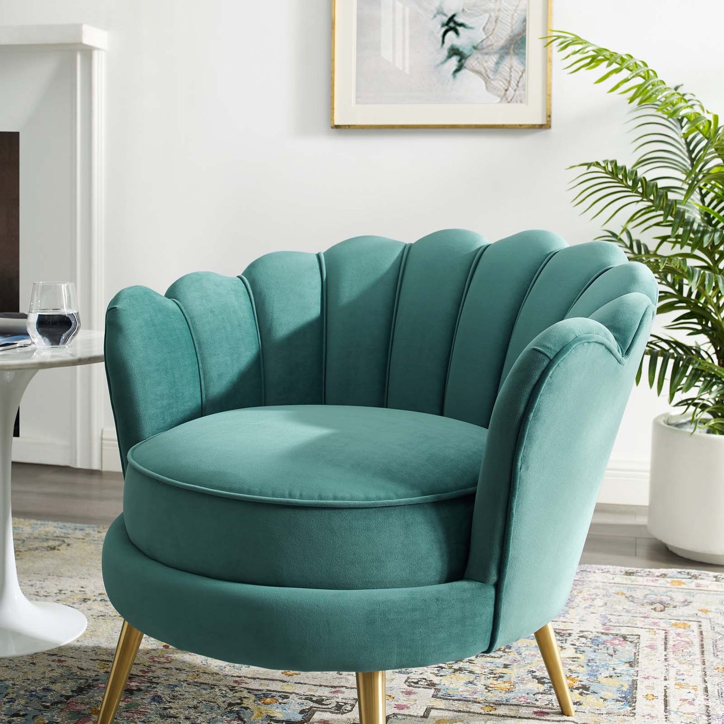 Admire Scalloped Edge Performance Velvet Accent Armchair, Velvet Fabric Metal Steel, Aqua Blue, 17365