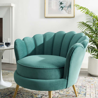 Admire Scalloped Edge Performance Velvet Accent Armchair, Velvet Fabric Metal Steel, Aqua Blue, 17365