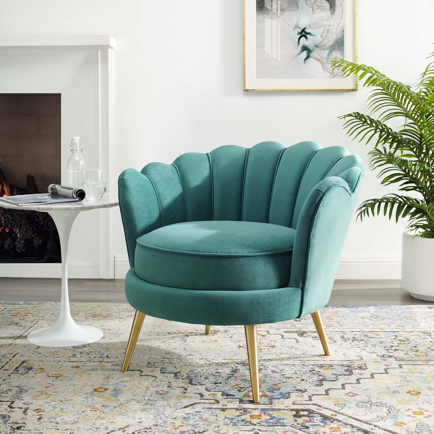 Admire Scalloped Edge Performance Velvet Accent Armchair, Velvet Fabric Metal Steel, Aqua Blue, 17365