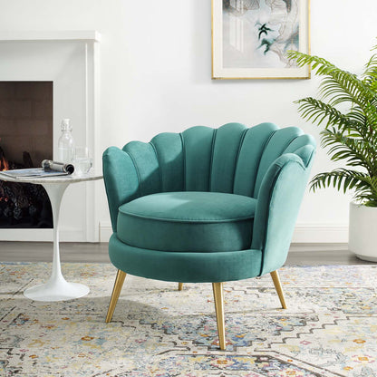 Admire Scalloped Edge Performance Velvet Accent Armchair, Velvet Fabric Metal Steel, Aqua Blue, 17365