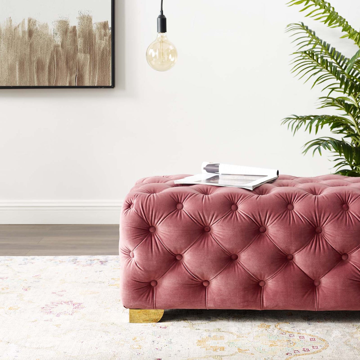 Sensible Button Tufted Performance Velvet Bench, Velvet Fabric Metal Steel, Pink, 17366