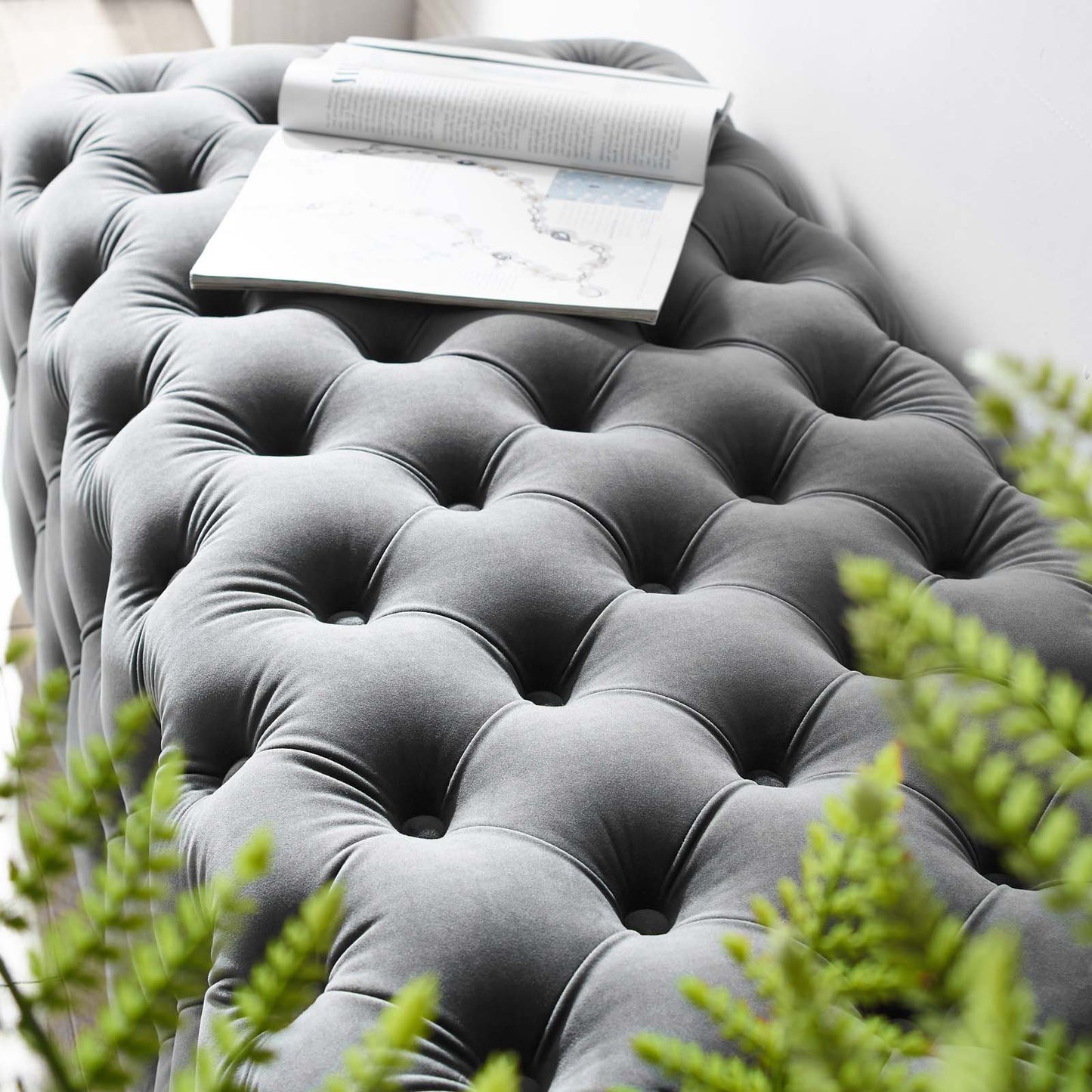 Sensible Button Tufted Performance Velvet Bench, Velvet Fabric Metal Steel, Grey Gray, 17367