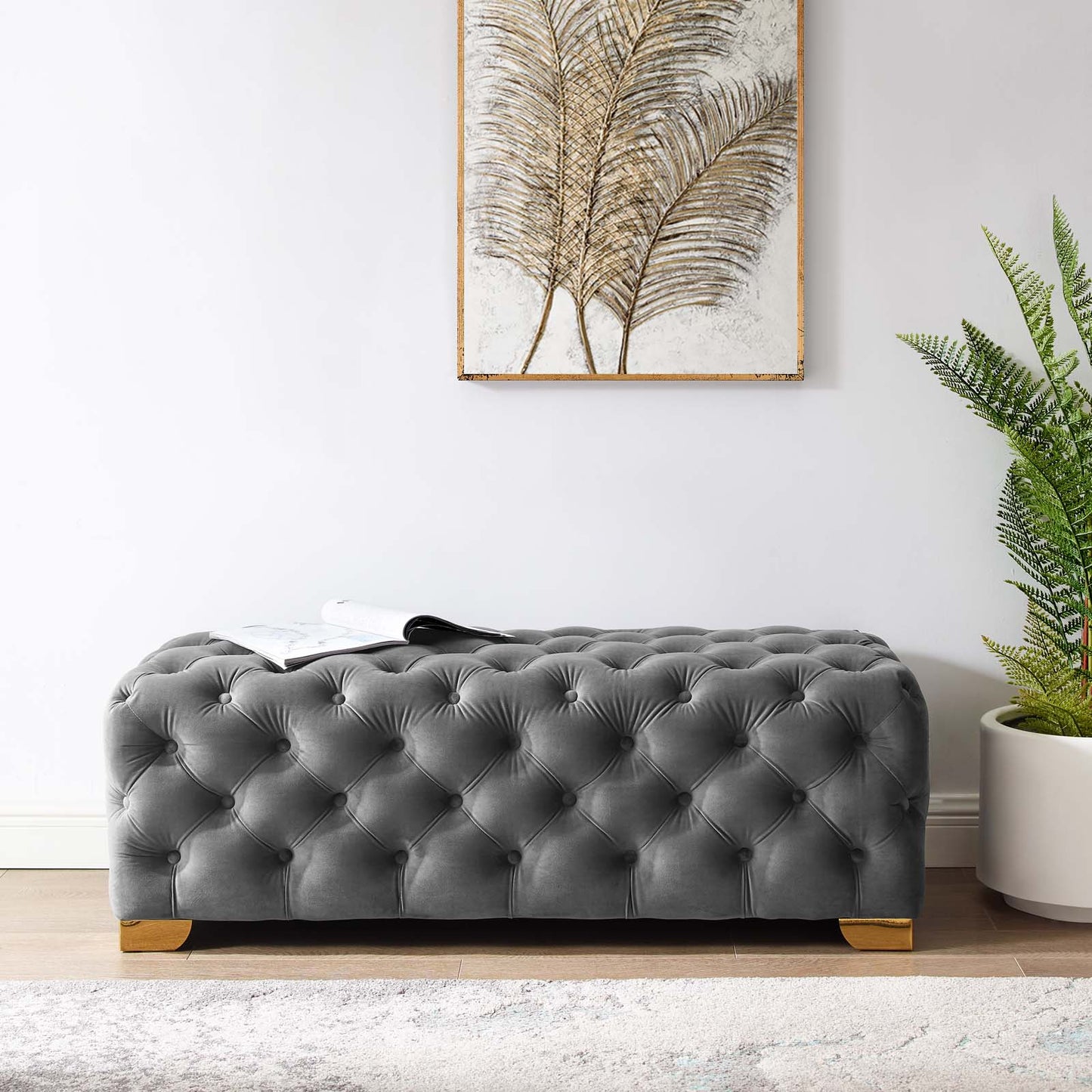 Sensible Button Tufted Performance Velvet Bench, Velvet Fabric Metal Steel, Grey Gray, 17367
