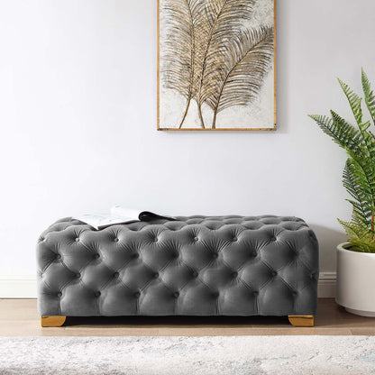 Sensible Button Tufted Performance Velvet Bench, Velvet Fabric Metal Steel, Grey Gray, 17367