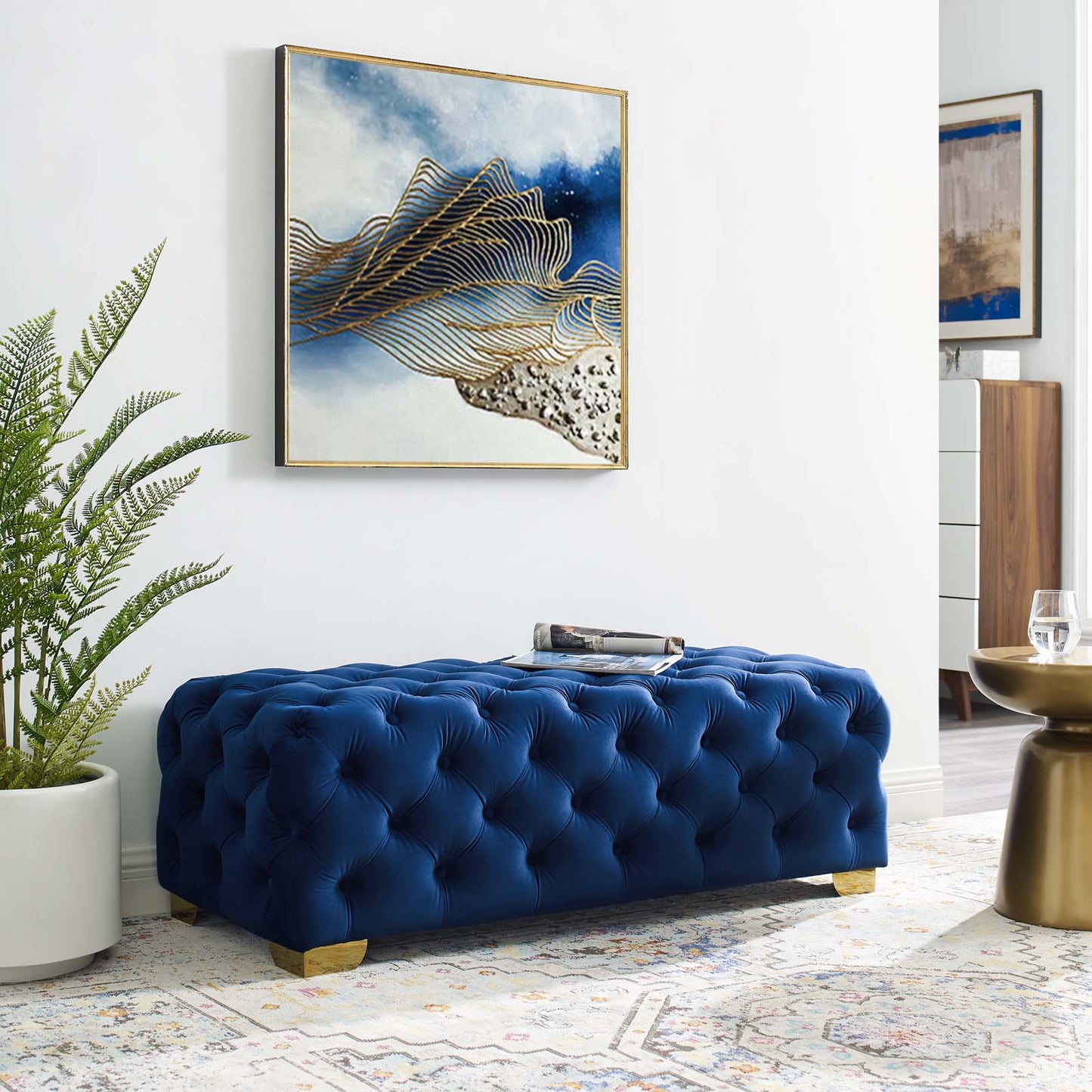 Sensible Button Tufted Performance Velvet Bench, Velvet Fabric Metal Steel, Navy Blue, 17368