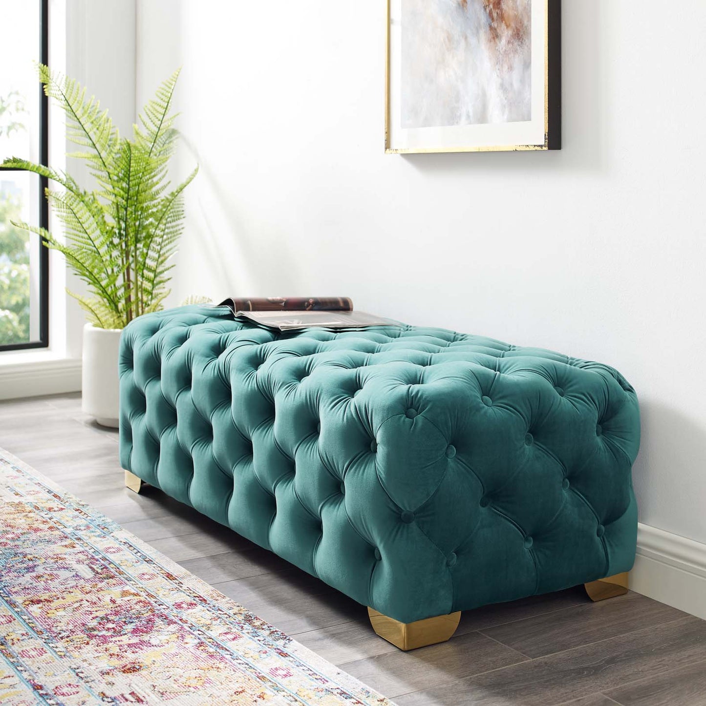Sensible Button Tufted Performance Velvet Bench, Velvet Fabric Metal Steel, Aqua Blue, 17369