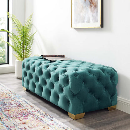 Sensible Button Tufted Performance Velvet Bench, Velvet Fabric Metal Steel, Aqua Blue, 17369