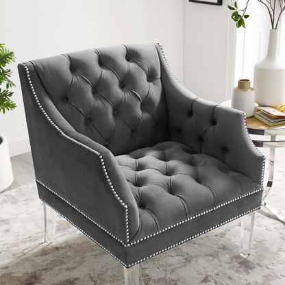 Proverbial Tufted Button Accent Performance Velvet Armchair, Velvet Fabric, Grey Gray, 17372