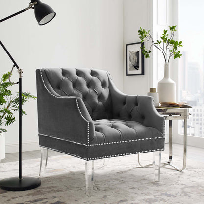 Proverbial Tufted Button Accent Performance Velvet Armchair, Velvet Fabric, Grey Gray, 17372