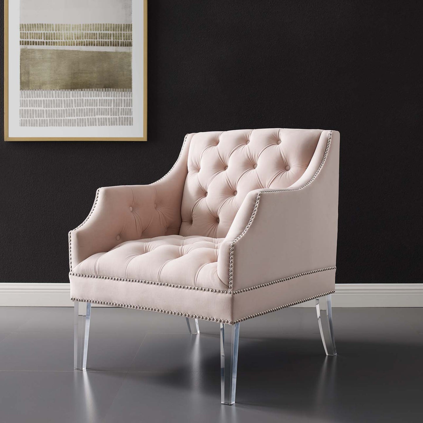 Proverbial Tufted Button Accent Performance Velvet Armchair, Velvet Fabric, Pink, 17374